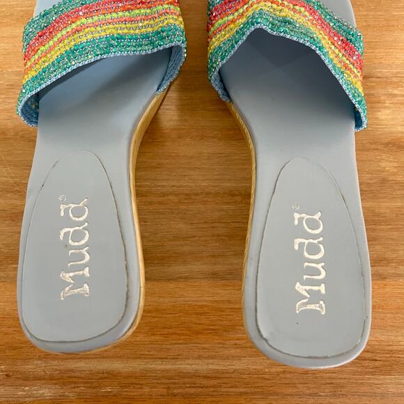 Mudd Vintage Shenna Rainbow Beaded Wood Detail Heels Light Blue 90s Y2K Size 10 - Picture 6 of 11